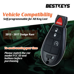 BestKeys Remote Key fob and Programmer Kit Compatible with 2013-2017 Dodge Ram for Add 2 Keys OBD Self-Programable Tool GQ4-53T (4 Buttons)