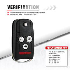 4 Buttons Keyless Entry Remote Key Fob Replacement for 2007 2008 Acura TL Flip Remote FCC ID: OUCG8D-439H-A, 850G-G8D439HA,Chip ID46 KR-A4SA