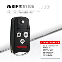 4 Buttons Keyless Entry Remote Key Fob Replacement for 2007 2008 Acura TL Flip Remote FCC ID: OUCG8D-439H-A, 850G-G8D439HA,Chip ID46 KR-A4SA-05