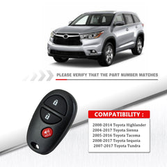 NEW Keyless Entry Remote Control Replacement for 2005-2016 TACOMA 3 Button Car Key Fob;GQ43VT20T KR-T3RC-10