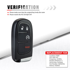 Replacement Keyless Entry Smart Key fob Compatible with 2013 - 2019 Dodge Ram 1500 2500 3500 GQ4-54T (4 Button Remote Start) 433Mhz KR-D4RG