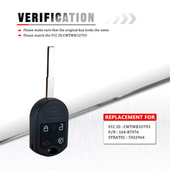 4 Buttons Car Key Fob Remote with Blade Compatible with 2011-2016 Ford Fiesta Replacement for CWTWB1U793 164-R7976 KR-F4SD