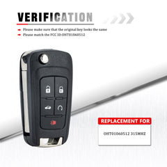 5 Button New Keyless Remote Flip Car Key Fob for Select Impala Malibu Cruze Equinox and Other Vehicles That Use FCC ID OHT01060512 KR-C5SA