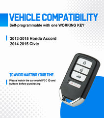 Set for DIY Program Car Key Fob for Honda Compatible with 2014 2015 Civic 2013-2015 Accord Smart Keyless Remote FCC ID:ACJ932HK121 4 Button (Self-programmable Set for add 2 Key)  KPRO-H4RG