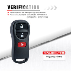 3 Button Keyless Remote Car Key Fob Replacement for Nissan with FCC ID: KBRASTU15, CWTWB1U415, CWTWB1U733, CWTWB1U821  KR-N3RA